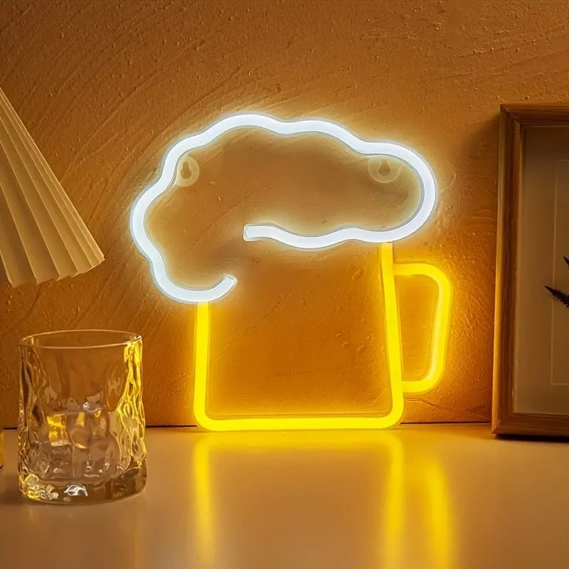 1 Stück Neon-Bierschilder für Männerhöhlen, batteriebetrieben und USB-betrieben, weiß und gelb | Bierkrug-Leuchtschild, Geschenk für Ehemann, LED-Wandkunst-Dekor, Bier-Neonlicht, für Garage, Terrasse, Zuhause, Bar, Café, Pub, Nachtclub