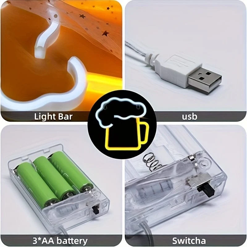 1 Stück Neon-Bierschilder für Männerhöhlen, batteriebetrieben und USB-betrieben, weiß und gelb | Bierkrug-Leuchtschild, Geschenk für Ehemann, LED-Wandkunst-Dekor, Bier-Neonlicht, für Garage, Terrasse, Zuhause, Bar, Café, Pub, Nachtclub