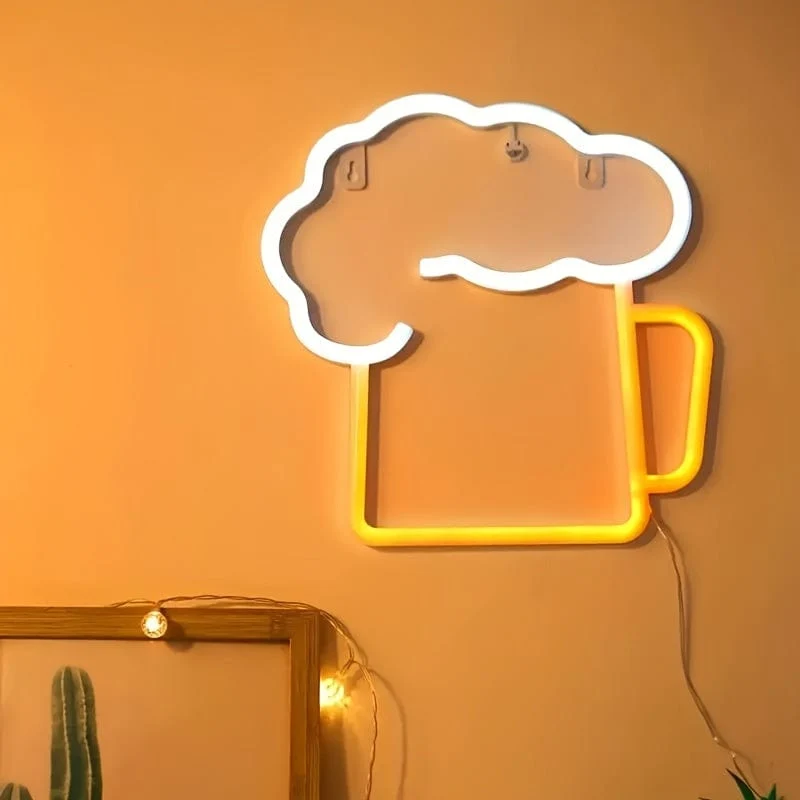 1 Stück Neon-Bierschilder für Männerhöhlen, batteriebetrieben und USB-betrieben, weiß und gelb | Bierkrug-Leuchtschild, Geschenk für Ehemann, LED-Wandkunst-Dekor, Bier-Neonlicht, für Garage, Terrasse, Zuhause, Bar, Café, Pub, Nachtclub