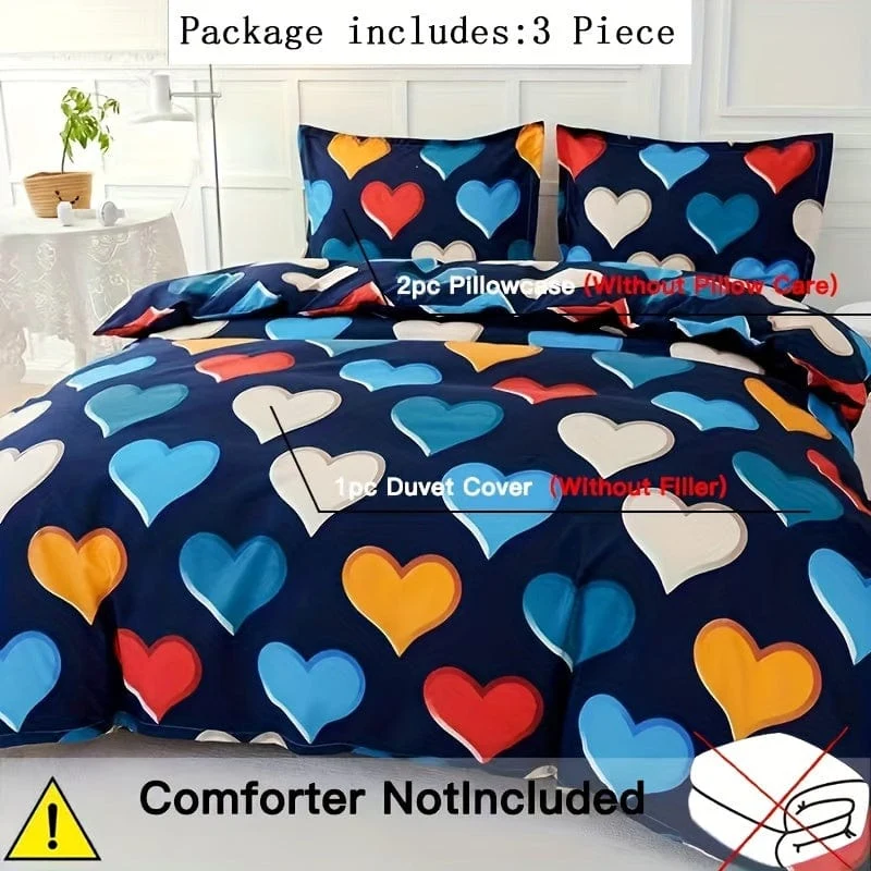 3-teiliges Bettbezug-Set, buntes Liebes-Druck-Bettwäsche-Set für Schlafzimmer, Gästezimmer, weicher und bequemer Bettbezug, Geschenk für Familie (1 x Bettbezug + 2 x Kissenbezüge, ohne Kern)