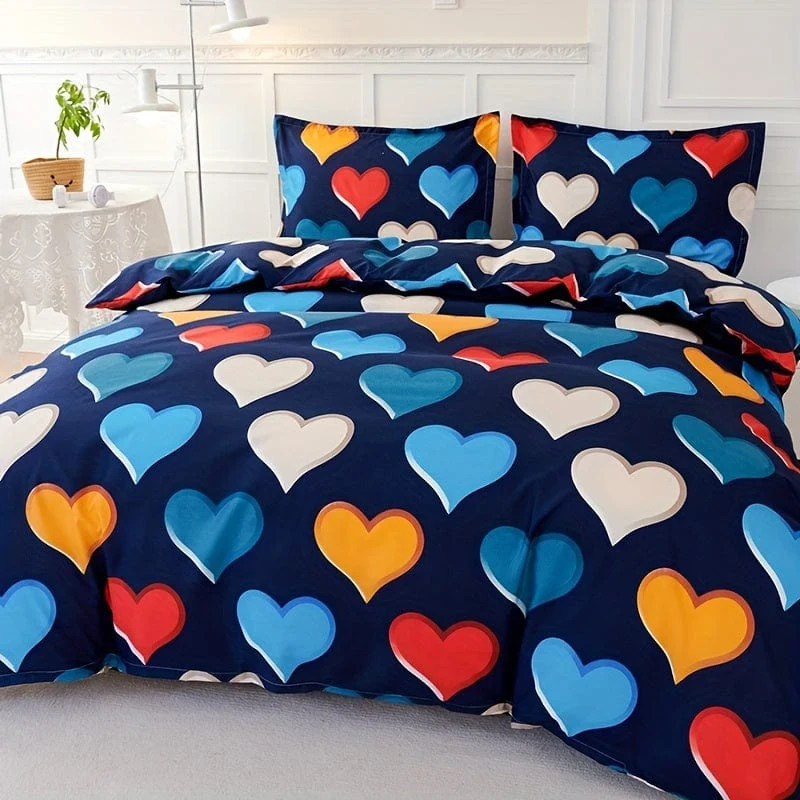 3-teiliges Bettbezug-Set, buntes Liebes-Druck-Bettwäsche-Set für Schlafzimmer, Gästezimmer, weicher und bequemer Bettbezug, Geschenk für Familie (1 x Bettbezug + 2 x Kissenbezüge, ohne Kern)