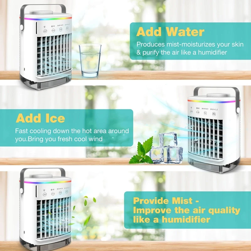 Luftkühlerventilator, tragbarer Nebelkühlerventilator, Verdunstungskühler für den persönlichen Raum, Luftbefeuchter, Mini-USB-Kühltischventilator mit 4 Windgeschwindigkeiten für Schlafzimmer, Reisen, Büro