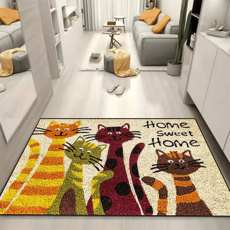 1 Stück Türteppich mit Katzen-Sweet-Home-Muster, schmutzabweisender dekorativer Teppich für den Schuheingang, Eingangsmatte für den Innen- und Außenbereich, saugfähige Badematte, geeignet für Wohnzimmer, Schlafzimmer, Badezimmer, Küche, Balkon, Terrasse, Wäscherei