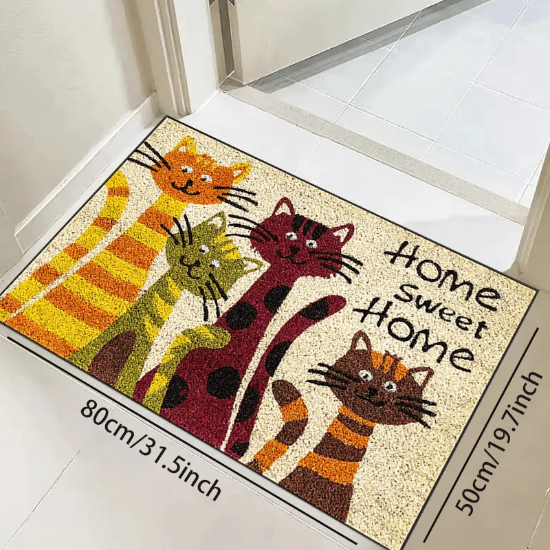 1 Stück Türteppich mit Katzen-Sweet-Home-Muster, schmutzabweisender dekorativer Teppich für den Schuheingang, Eingangsmatte für den Innen- und Außenbereich, saugfähige Badematte, geeignet für Wohnzimmer, Schlafzimmer, Badezimmer, Küche, Balkon, Terrasse, Wäscherei