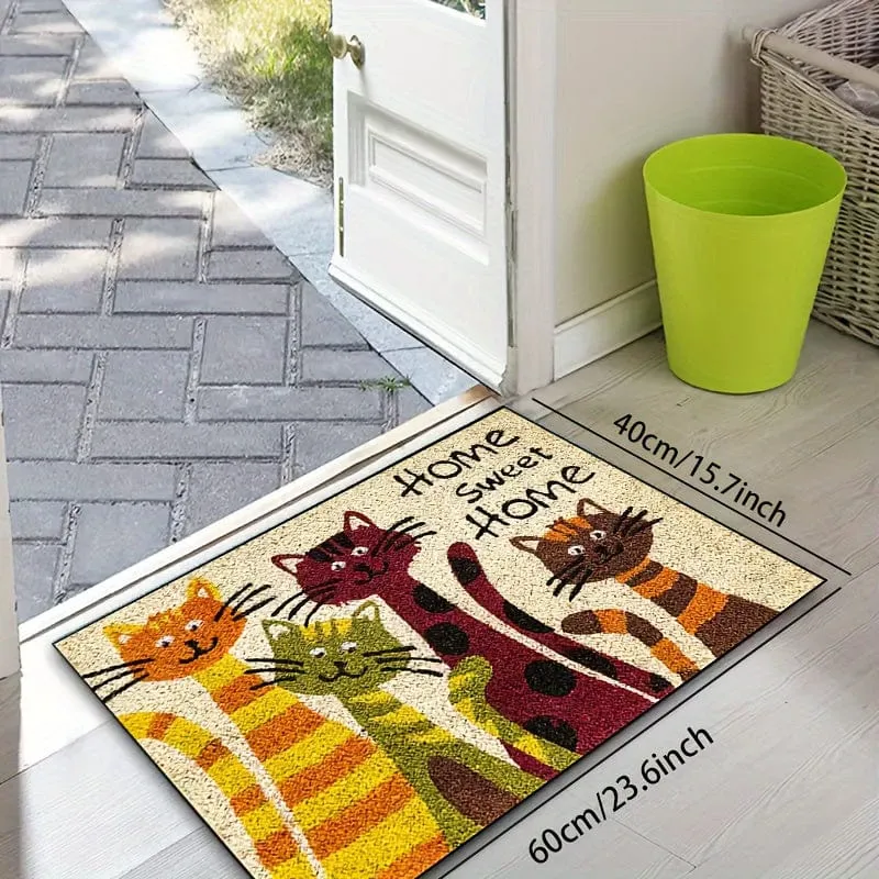 1 Stück Türteppich mit Katzen-Sweet-Home-Muster, schmutzabweisender dekorativer Teppich für den Schuheingang, Eingangsmatte für den Innen- und Außenbereich, saugfähige Badematte, geeignet für Wohnzimmer, Schlafzimmer, Badezimmer, Küche, Balkon, Terrasse, Wäscherei