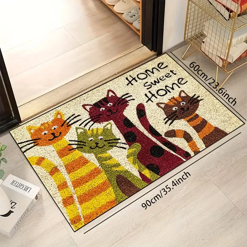 1 Stück Türteppich mit Katzen-Sweet-Home-Muster, schmutzabweisender dekorativer Teppich für den Schuheingang, Eingangsmatte für den Innen- und Außenbereich, saugfähige Badematte, geeignet für Wohnzimmer, Schlafzimmer, Badezimmer, Küche, Balkon, Terrasse, Wäscherei