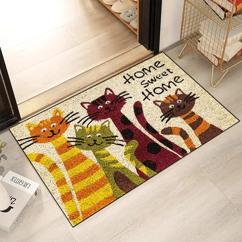 1 Stück Türteppich mit Katzen-Sweet-Home-Muster, schmutzabweisender dekorativer Teppich für den Schuheingang, Eingangsmatte für den Innen- und Außenbereich, saugfähige Badematte, geeignet für Wohnzimmer, Schlafzimmer, Badezimmer, Küche, Balkon, Terrasse, Wäscherei