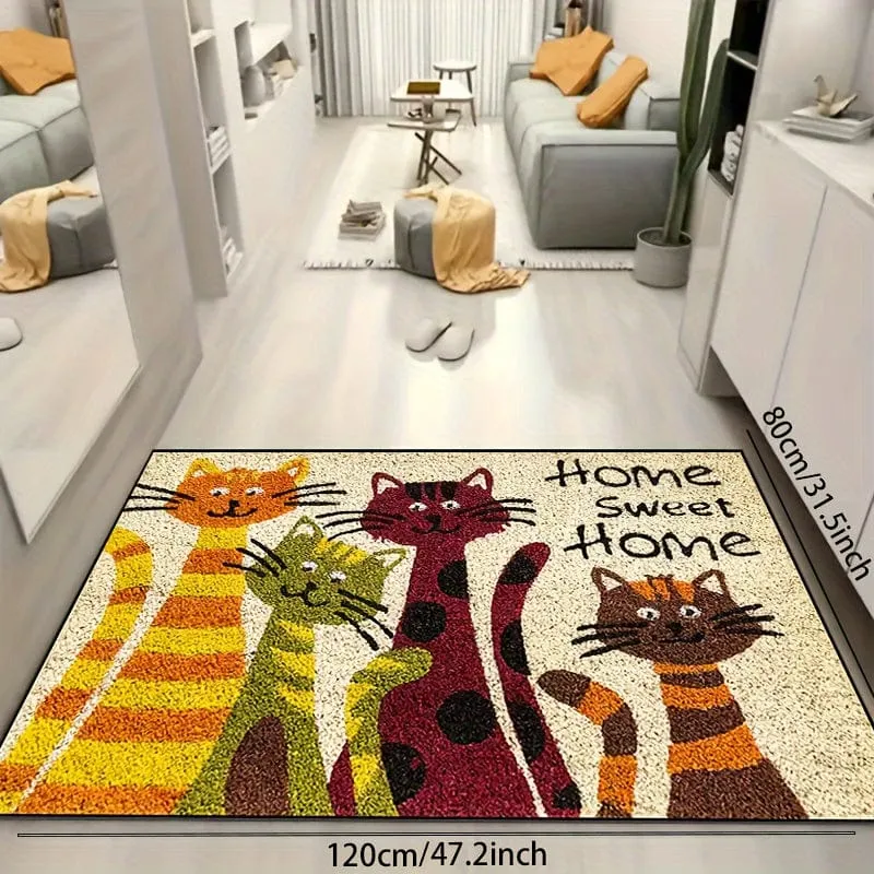 1 Stück Türteppich mit Katzen-Sweet-Home-Muster, schmutzabweisender dekorativer Teppich für den Schuheingang, Eingangsmatte für den Innen- und Außenbereich, saugfähige Badematte, geeignet für Wohnzimmer, Schlafzimmer, Badezimmer, Küche, Balkon, Terrasse, Wäscherei