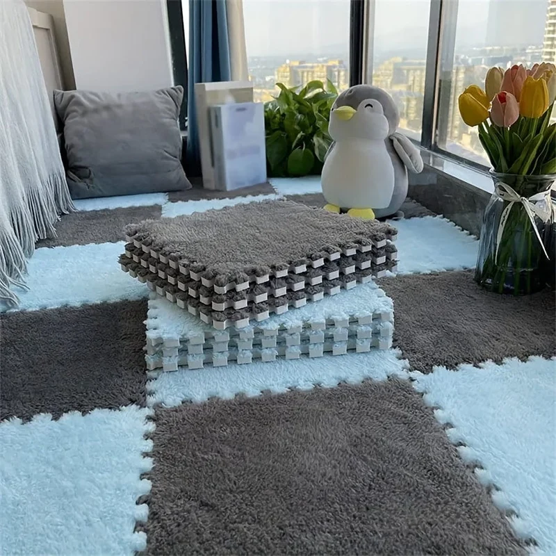 12 Stück, kreativer Puzzle-Spleißteppich, komplette Stadtblock-Bodenmatte, einfarbige quadratische Nachttischdecke, Schlafzimmermatte, Fußdecke, 29.97 x 29.97 cm, Heimdekoration, Raumdekoration, Einweihungsgeschenk