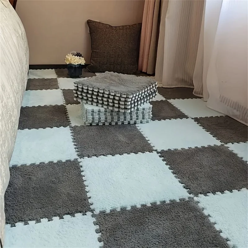 12 Stück, kreativer Puzzle-Spleißteppich, komplette Stadtblock-Bodenmatte, einfarbige quadratische Nachttischdecke, Schlafzimmermatte, Fußdecke, 29.97 x 29.97 cm, Heimdekoration, Raumdekoration, Einweihungsgeschenk
