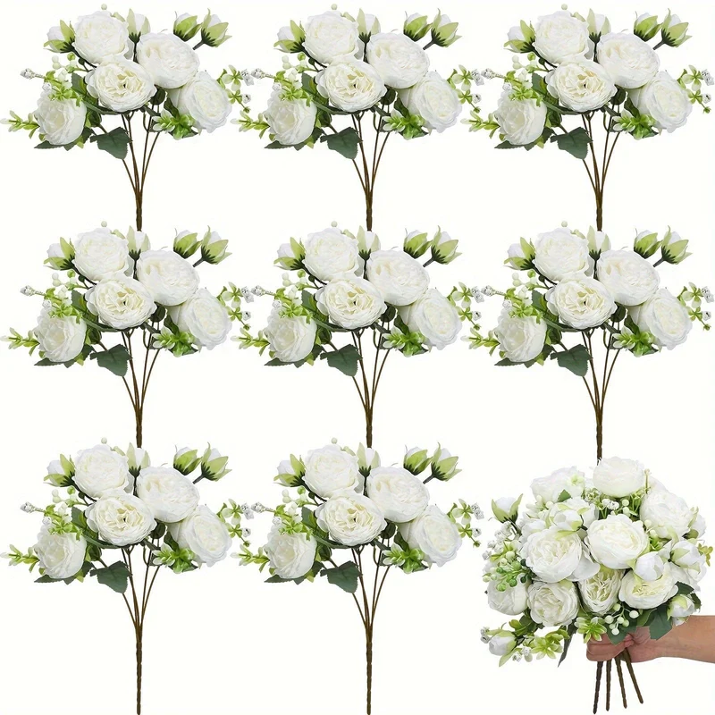 Hochwertiges künstliches Pfingstrosen-Blumenarrangement, 4 Stück, weiße Simulationsblumen für Zuhause, Schreibtisch, Hotel, Hochzeit, Tischdekoration, künstliche Kunststoffdekorationen für St. Patrick's Day und Ostern, ästhetische Raumdekoration