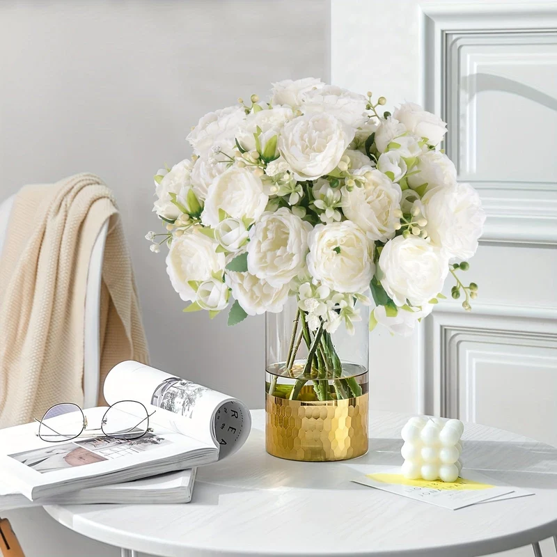 Hochwertiges künstliches Pfingstrosen-Blumenarrangement, 4 Stück, weiße Simulationsblumen für Zuhause, Schreibtisch, Hotel, Hochzeit, Tischdekoration, künstliche Kunststoffdekorationen für St. Patrick's Day und Ostern, ästhetische Raumdekoration