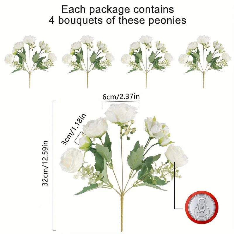 Hochwertiges künstliches Pfingstrosen-Blumenarrangement, 4 Stück, weiße Simulationsblumen für Zuhause, Schreibtisch, Hotel, Hochzeit, Tischdekoration, künstliche Kunststoffdekorationen für St. Patrick's Day und Ostern, ästhetische Raumdekoration