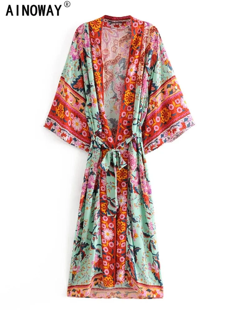 Boho Frauen Pfau Druck Fledermaus Ärmel Strand Böhmischen Kimono Robe Damen V-ausschnitt Quaste Sommer Happie Bikini Abdeckung-ups