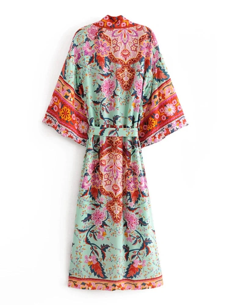Boho Frauen Pfau Druck Fledermaus Ärmel Strand Böhmischen Kimono Robe Damen V-ausschnitt Quaste Sommer Happie Bikini Abdeckung-ups