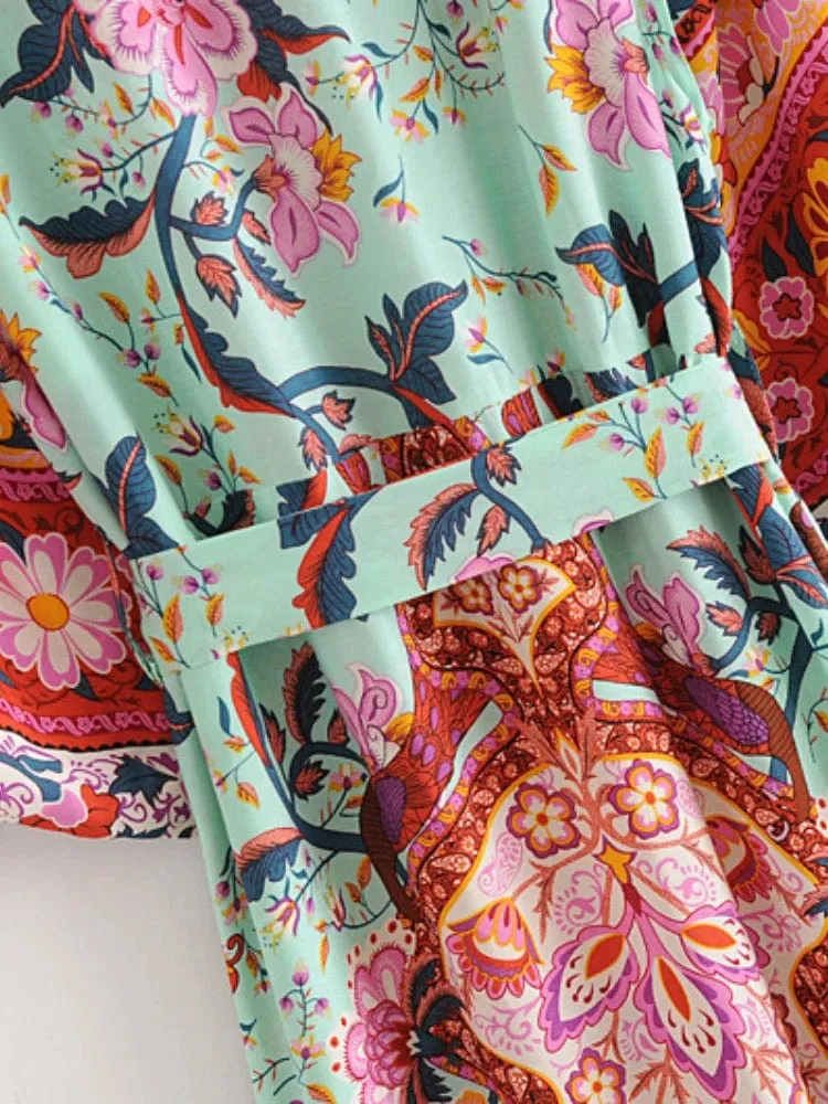 Boho Frauen Pfau Druck Fledermaus Ärmel Strand Böhmischen Kimono Robe Damen V-ausschnitt Quaste Sommer Happie Bikini Abdeckung-ups