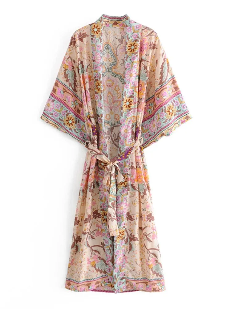Boho Frauen Pfau Druck Fledermaus Ärmel Strand Böhmischen Kimono Robe Damen V-ausschnitt Quaste Sommer Happie Bikini Abdeckung-ups