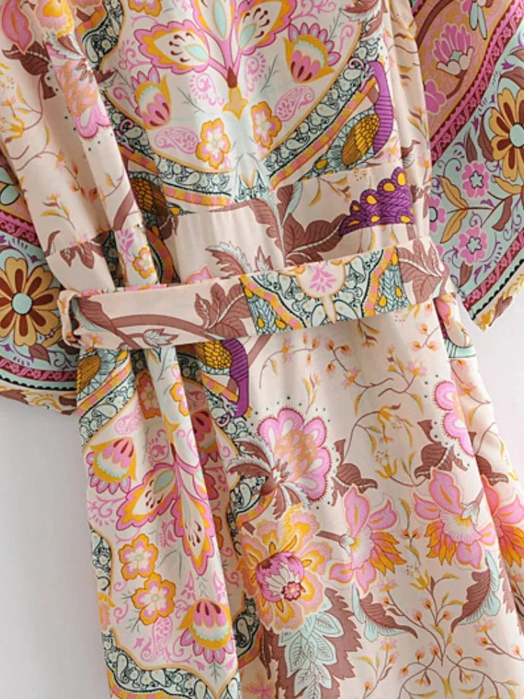 Boho Frauen Pfau Druck Fledermaus Ärmel Strand Böhmischen Kimono Robe Damen V-ausschnitt Quaste Sommer Happie Bikini Abdeckung-ups