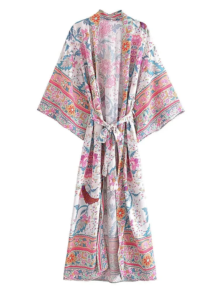 Boho Frauen Pfau Druck Fledermaus Ärmel Strand Böhmischen Kimono Robe Damen V-ausschnitt Quaste Sommer Happie Bikini Abdeckung-ups