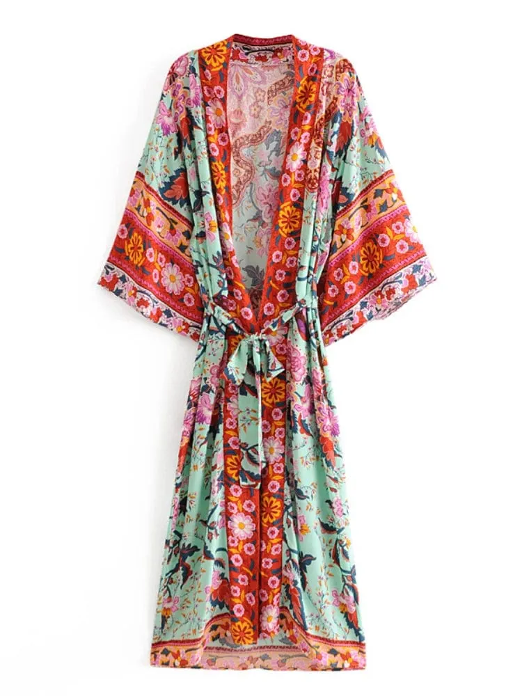 Boho Frauen Pfau Druck Fledermaus Ärmel Strand Böhmischen Kimono Robe Damen V-ausschnitt Quaste Sommer Happie Bikini Abdeckung-ups