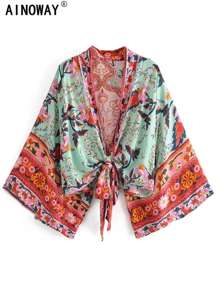 Boho Vintage Blumendruck Strand Sommer Kurzer Kimono Damen Mode Damen Casual V-Ausschnitt Fledermausärmel Böhmische Vertuschungen