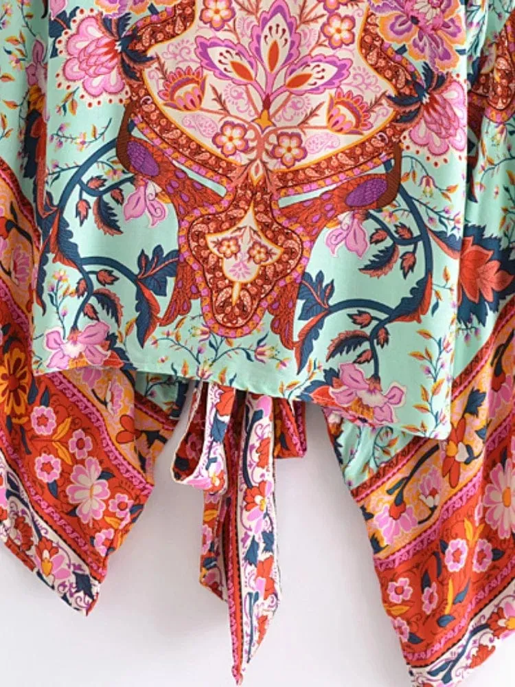 Boho Vintage Blumendruck Strand Sommer Kurzer Kimono Damen Mode Damen Casual V-Ausschnitt Fledermausärmel Böhmische Vertuschungen
