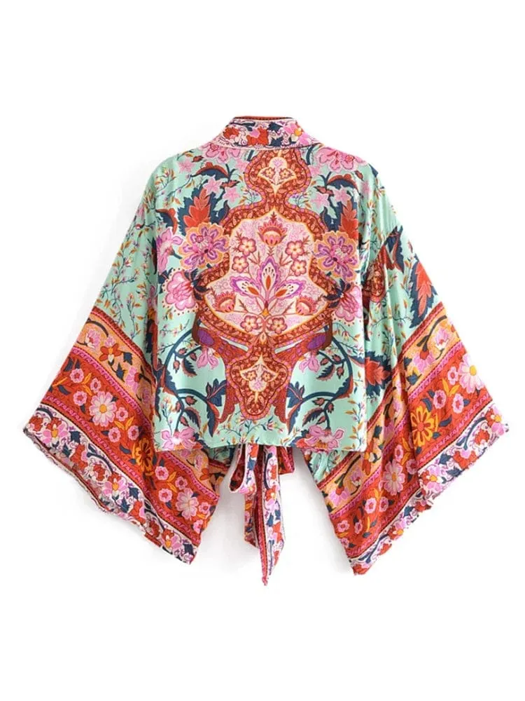 Boho Vintage Blumendruck Strand Sommer Kurzer Kimono Damen Mode Damen Casual V-Ausschnitt Fledermausärmel Böhmische Vertuschungen