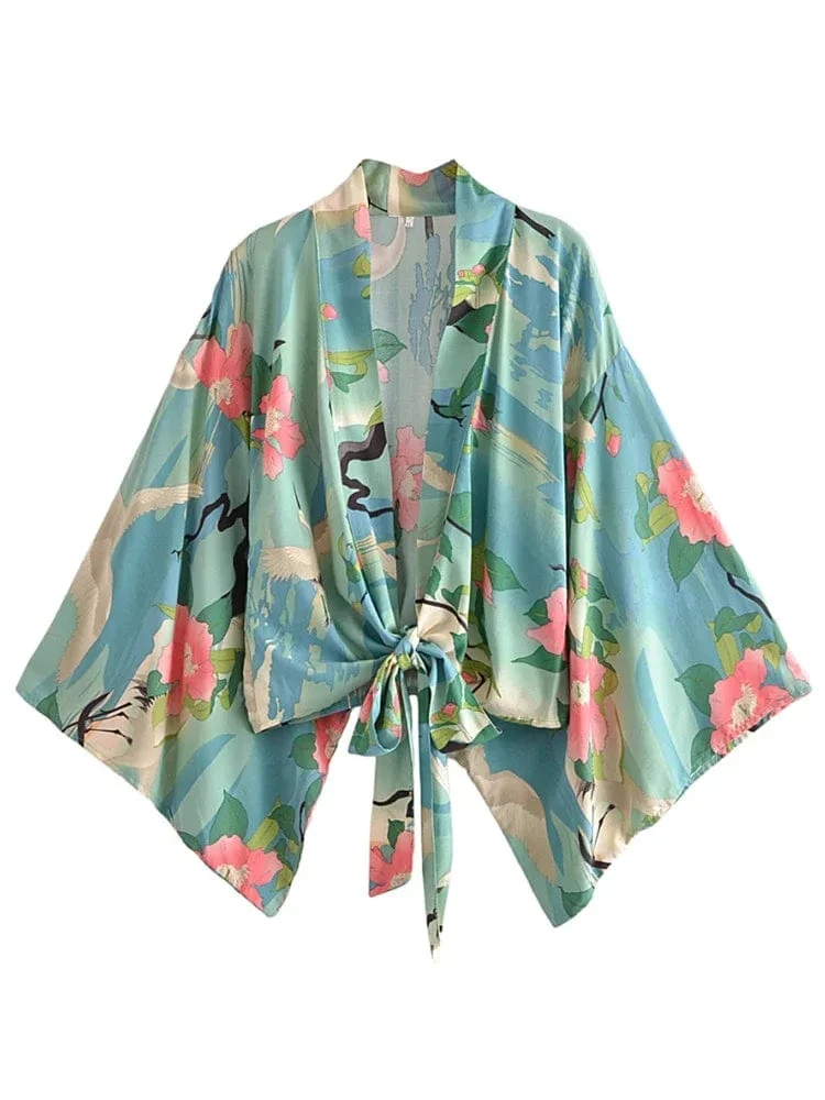Boho Vintage Blumendruck Strand Sommer Kurzer Kimono Damen Mode Damen Casual V-Ausschnitt Fledermausärmel Böhmische Vertuschungen