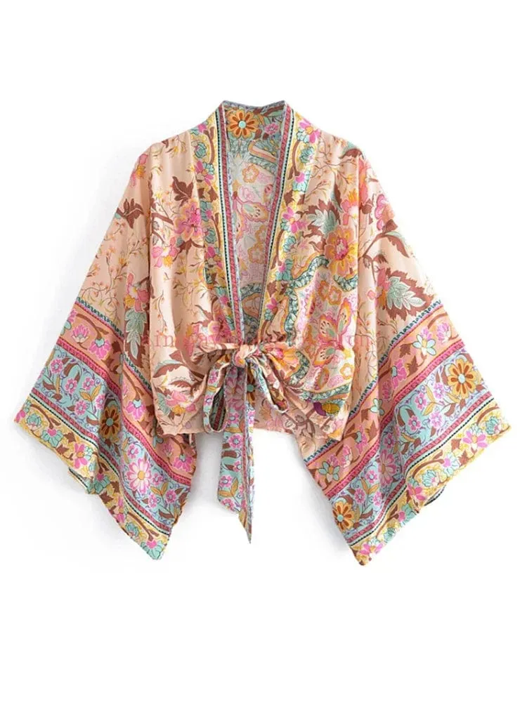 Boho Vintage Blumendruck Strand Sommer Kurzer Kimono Damen Mode Damen Casual V-Ausschnitt Fledermausärmel Böhmische Vertuschungen