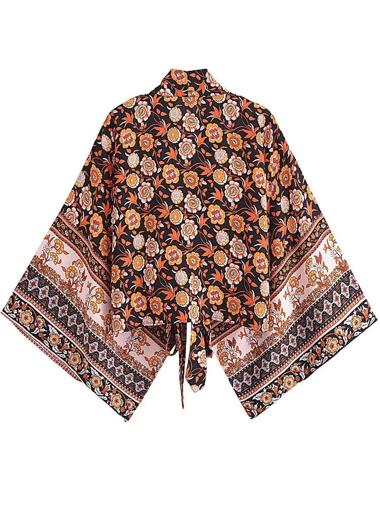 Boho Vintage Blumendruck Strand Sommer Kurzer Kimono Damen Mode Damen Casual V-Ausschnitt Fledermausärmel Böhmische Vertuschungen