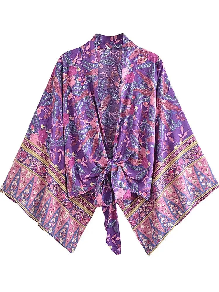 Boho Vintage Blumendruck Strand Sommer Kurzer Kimono Damen Mode Damen Casual V-Ausschnitt Fledermausärmel Böhmische Vertuschungen