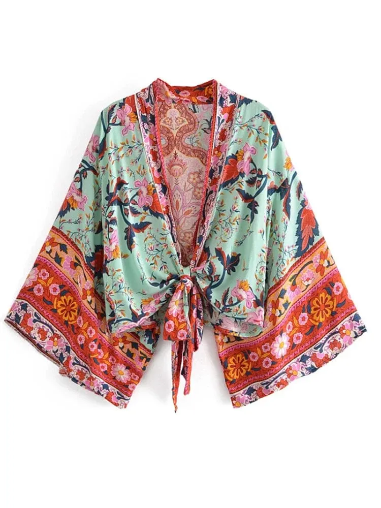 Boho Vintage Blumendruck Strand Sommer Kurzer Kimono Damen Mode Damen Casual V-Ausschnitt Fledermausärmel Böhmische Vertuschungen