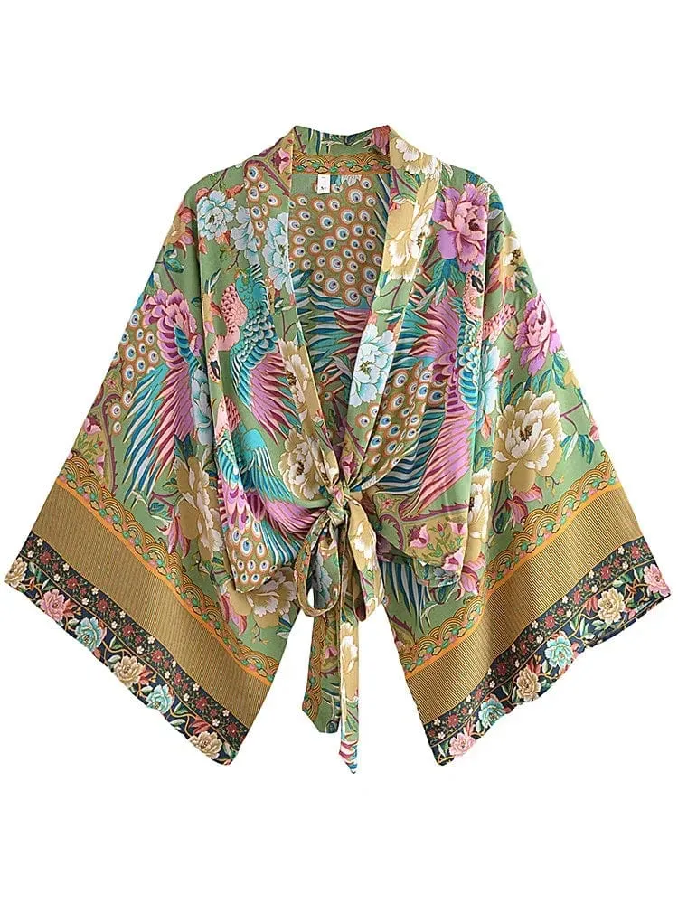 Boho Vintage Blumendruck Strand Sommer Kurzer Kimono Damen Mode Damen Casual V-Ausschnitt Fledermausärmel Böhmische Vertuschungen