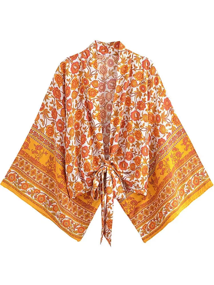 Boho Vintage Blumendruck Strand Sommer Kurzer Kimono Damen Mode Damen Casual V-Ausschnitt Fledermausärmel Böhmische Vertuschungen