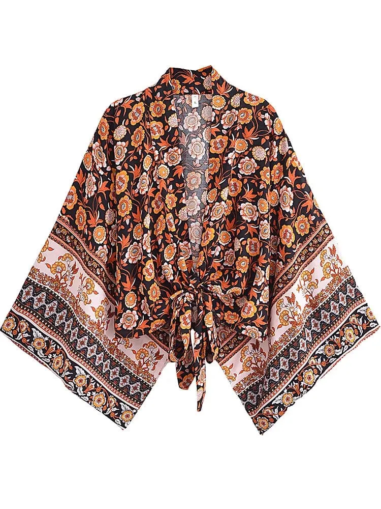 Boho Vintage Blumendruck Strand Sommer Kurzer Kimono Damen Mode Damen Casual V-Ausschnitt Fledermausärmel Böhmische Vertuschungen