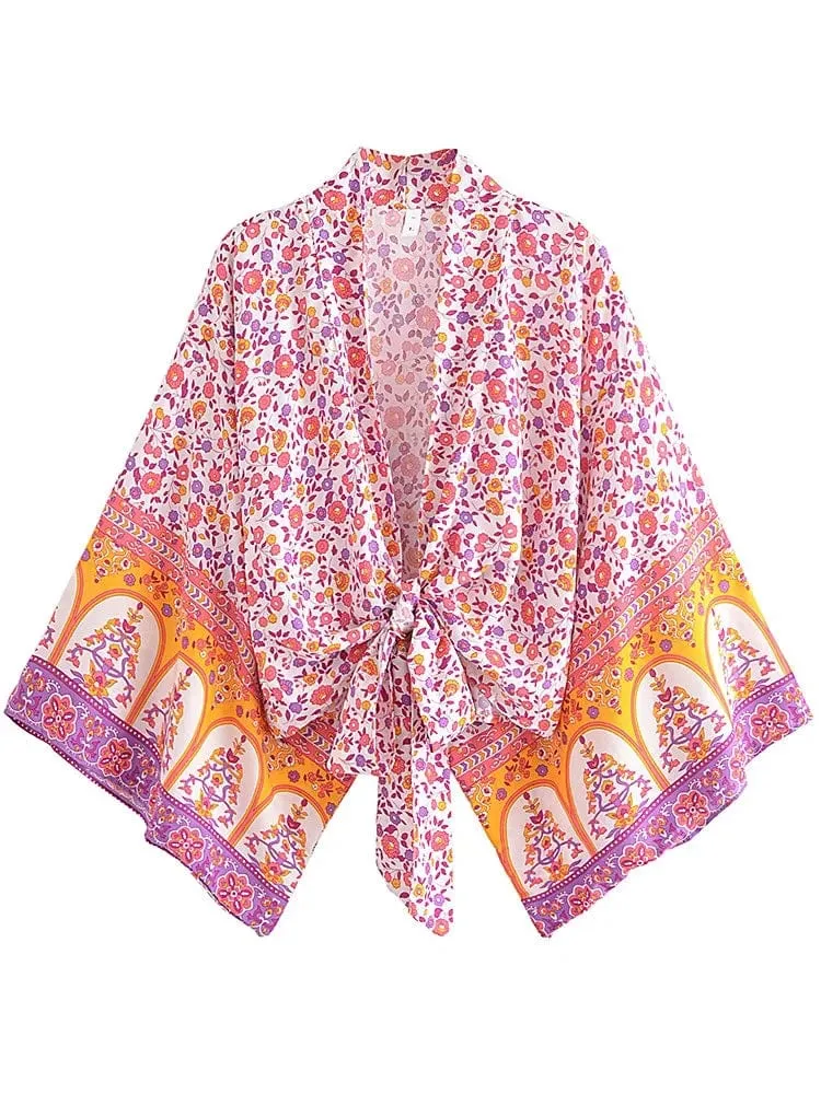 Boho Vintage Blumendruck Strand Sommer Kurzer Kimono Damen Mode Damen Casual V-Ausschnitt Fledermausärmel Böhmische Vertuschungen