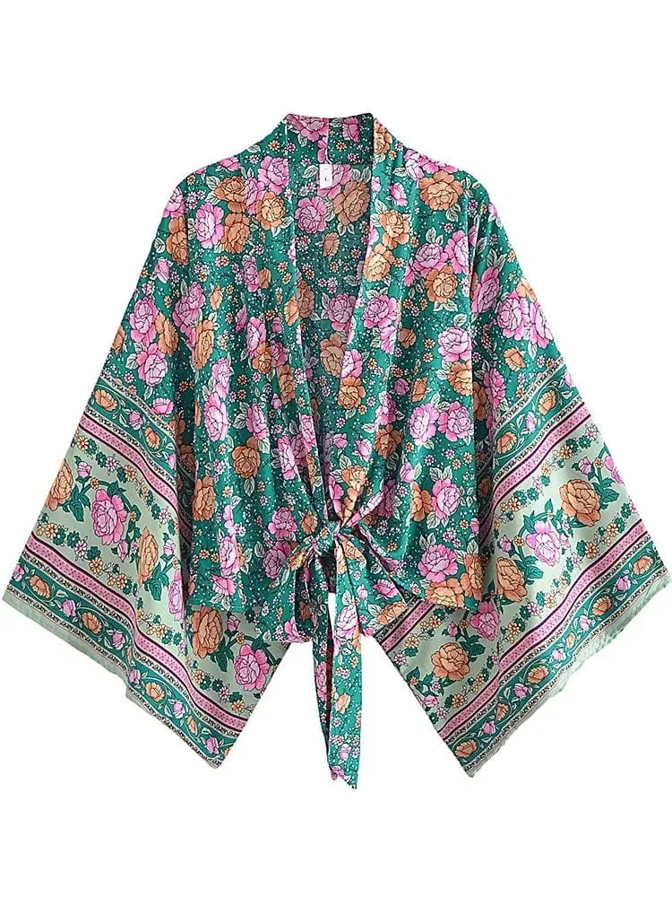 Boho Vintage Blumendruck Strand Sommer Kurzer Kimono Damen Mode Damen Casual V-Ausschnitt Fledermausärmel Böhmische Vertuschungen