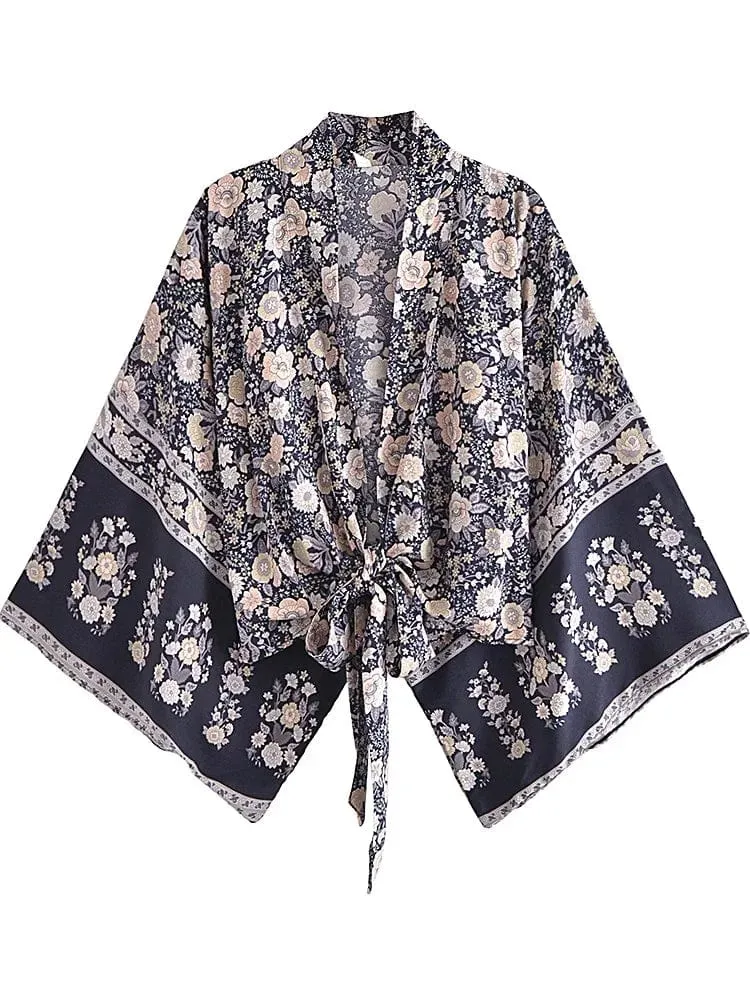 Boho Vintage Blumendruck Strand Sommer Kurzer Kimono Damen Mode Damen Casual V-Ausschnitt Fledermausärmel Böhmische Vertuschungen