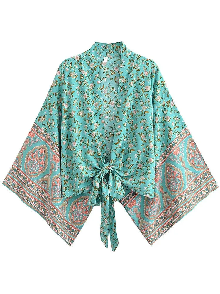 Boho Vintage Blumendruck Strand Sommer Kurzer Kimono Damen Mode Damen Casual V-Ausschnitt Fledermausärmel Böhmische Vertuschungen