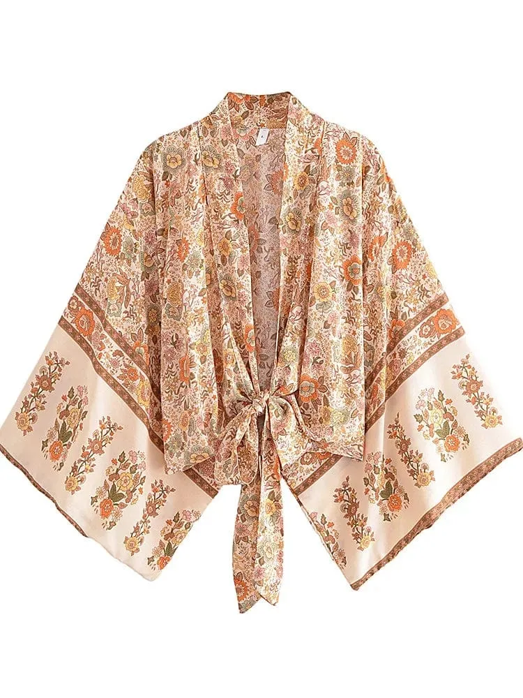 Boho Vintage Blumendruck Strand Sommer Kurzer Kimono Damen Mode Damen Casual V-Ausschnitt Fledermausärmel Böhmische Vertuschungen