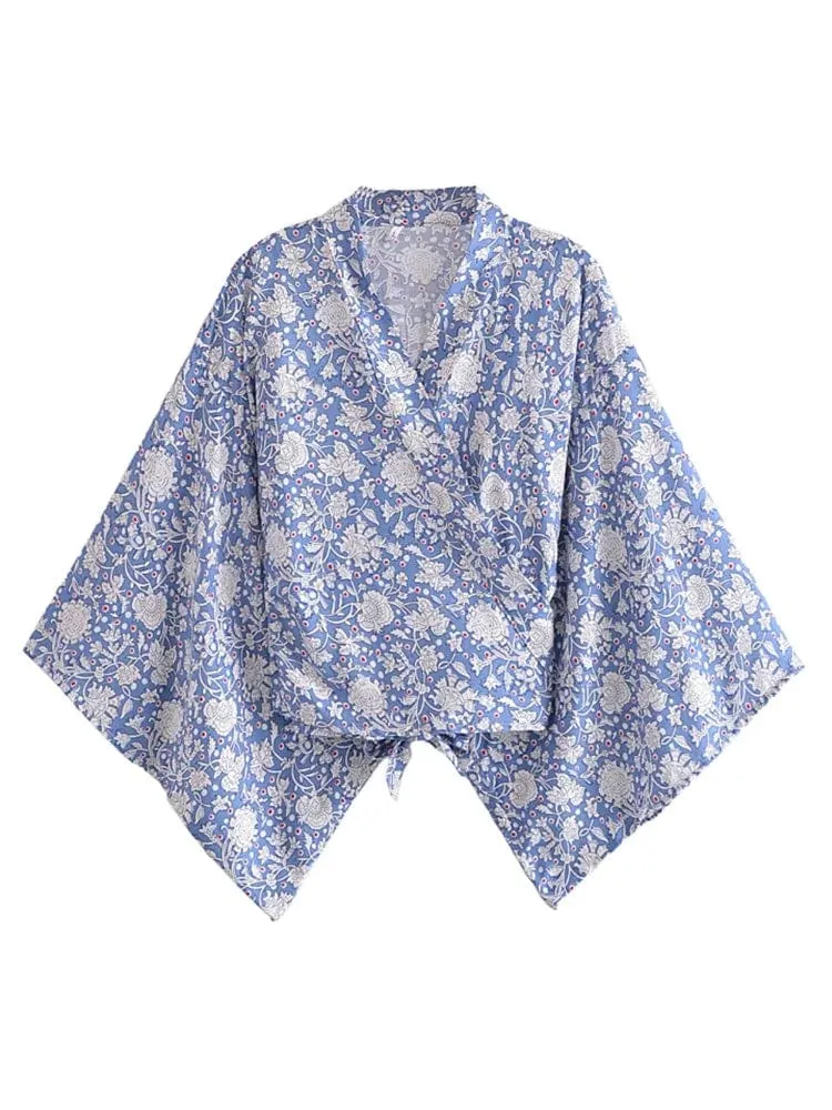 Boho Vintage Blumendruck Strand Sommer Kurzer Kimono Damen Mode Damen Casual V-Ausschnitt Fledermausärmel Böhmische Vertuschungen