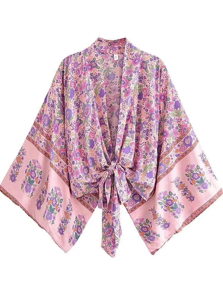 Boho Vintage Blumendruck Strand Sommer Kurzer Kimono Damen Mode Damen Casual V-Ausschnitt Fledermausärmel Böhmische Vertuschungen