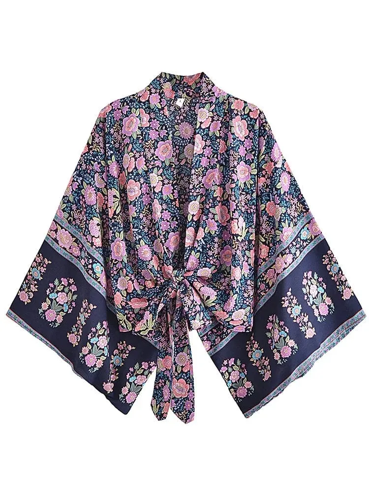 Boho Vintage Blumendruck Strand Sommer Kurzer Kimono Damen Mode Damen Casual V-Ausschnitt Fledermausärmel Böhmische Vertuschungen