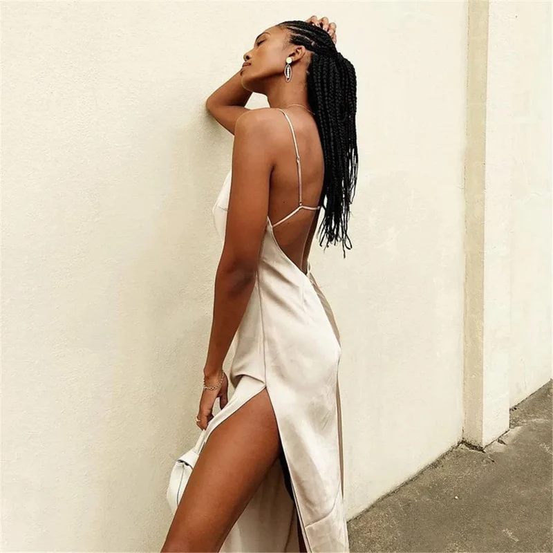 Hirigin Damen-Sommerkleid, Satin, seidig, Spaghettiträger, geteilt, langes Kleid, rückenfrei, drapiert, figurbetont, Abendparty, Strand, sexy Kleid