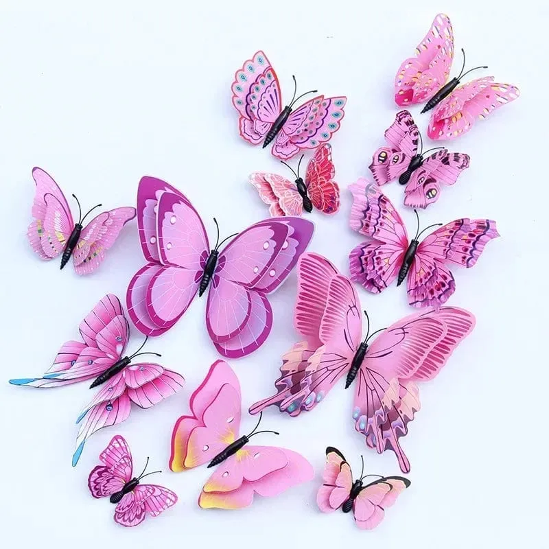12 stücke 3D Doppel Schicht Schmetterlinge Wand Aufkleber Wohnzimmer Dekor Hochzeit Kinder Dekoration DIY Kunst Magnet