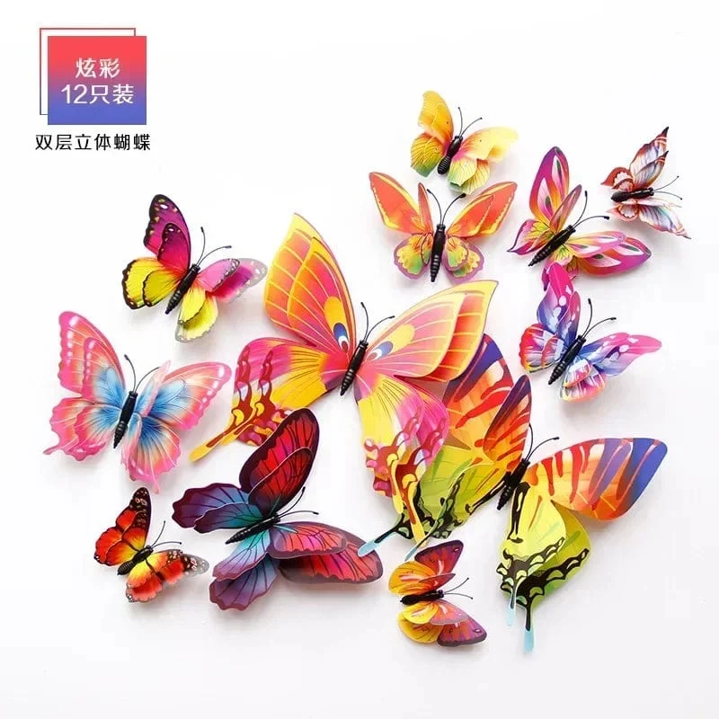 12 stücke 3D Doppel Schicht Schmetterlinge Wand Aufkleber Wohnzimmer Dekor Hochzeit Kinder Dekoration DIY Kunst Magnet