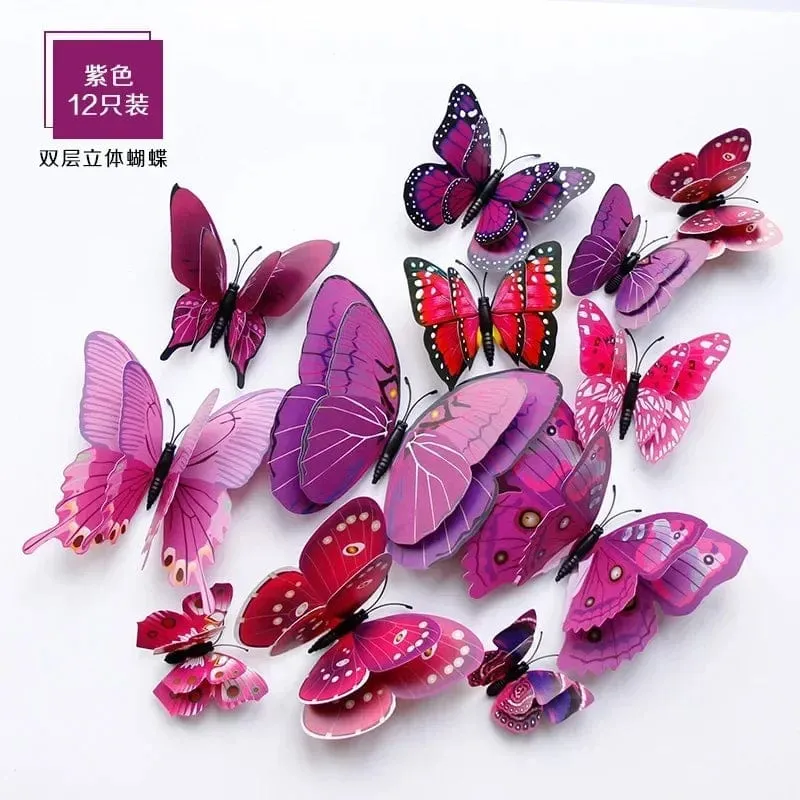 12 stücke 3D Doppel Schicht Schmetterlinge Wand Aufkleber Wohnzimmer Dekor Hochzeit Kinder Dekoration DIY Kunst Magnet