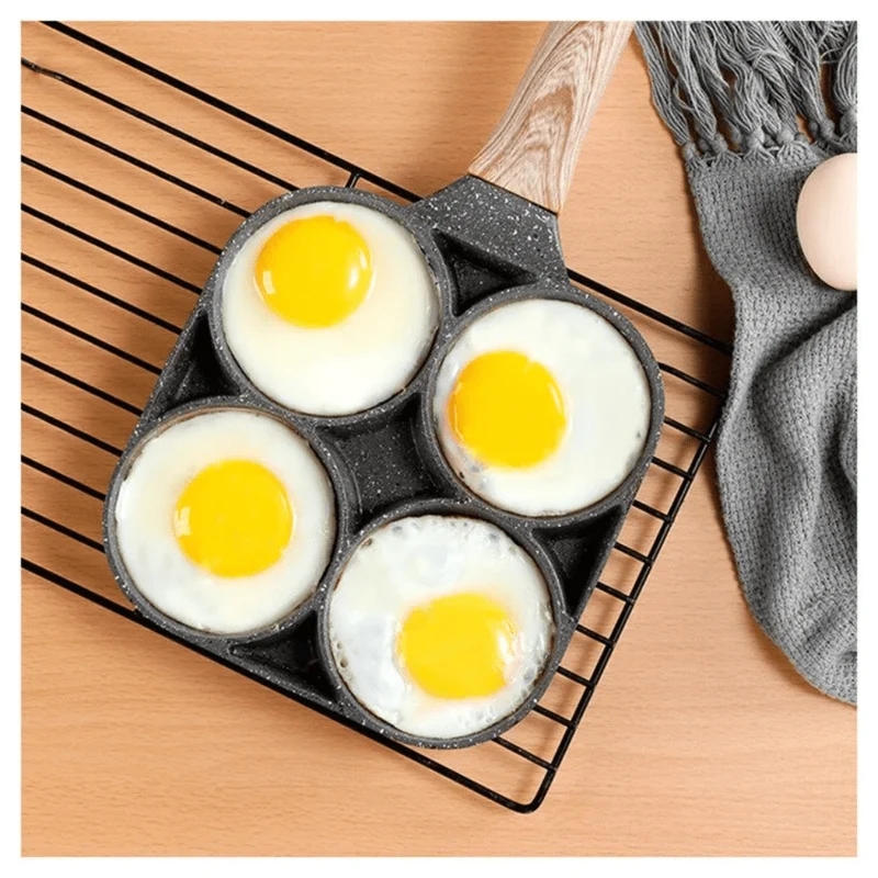 1 Stück Eier- und Hamburger-Bratpfanne, Bratpfanne für Eier, antihaftbeschichtet, Schinken-Pfannkuchen-Maker, Eier-Burger-Pfanne mit Holzgriff, 4 Löcher, für Induktionsherd, Gasherd