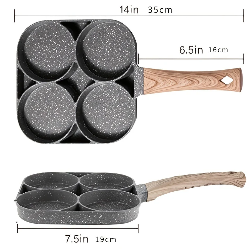1 Stück Eier- und Hamburger-Bratpfanne, Bratpfanne für Eier, antihaftbeschichtet, Schinken-Pfannkuchen-Maker, Eier-Burger-Pfanne mit Holzgriff, 4 Löcher, für Induktionsherd, Gasherd