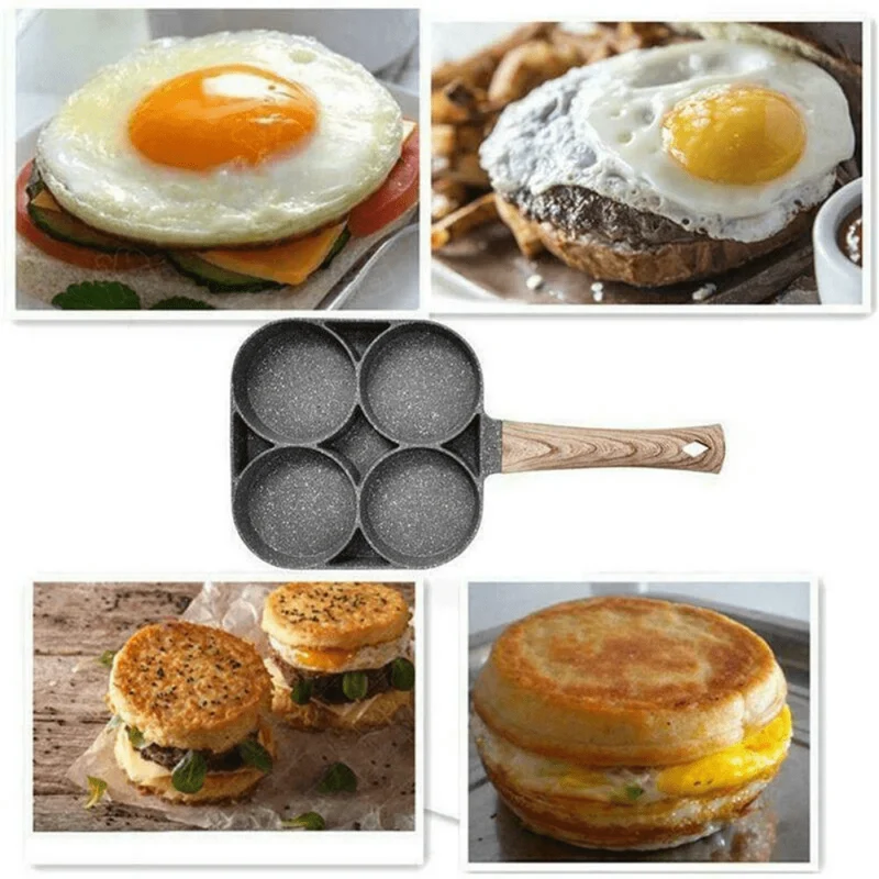 1 Stück Eier- und Hamburger-Bratpfanne, Bratpfanne für Eier, antihaftbeschichtet, Schinken-Pfannkuchen-Maker, Eier-Burger-Pfanne mit Holzgriff, 4 Löcher, für Induktionsherd, Gasherd